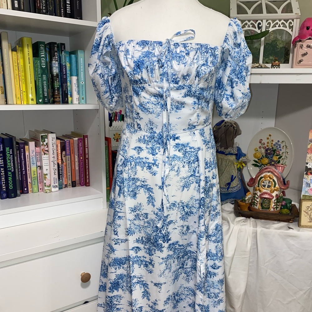 Blue and White Off-Shoulder Dress